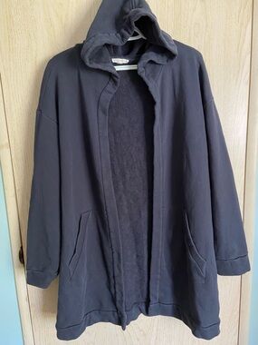 Eileen Fisher Hooded Open Front Shacket Cotton Blend Navy Blue Pockets Sz Large